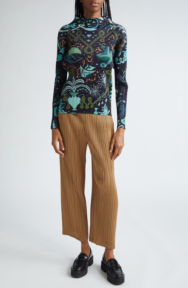 Pleats Please Issey Miyake Interplanetary Print Pleated Funnel Neck Top, Alternate, color, 