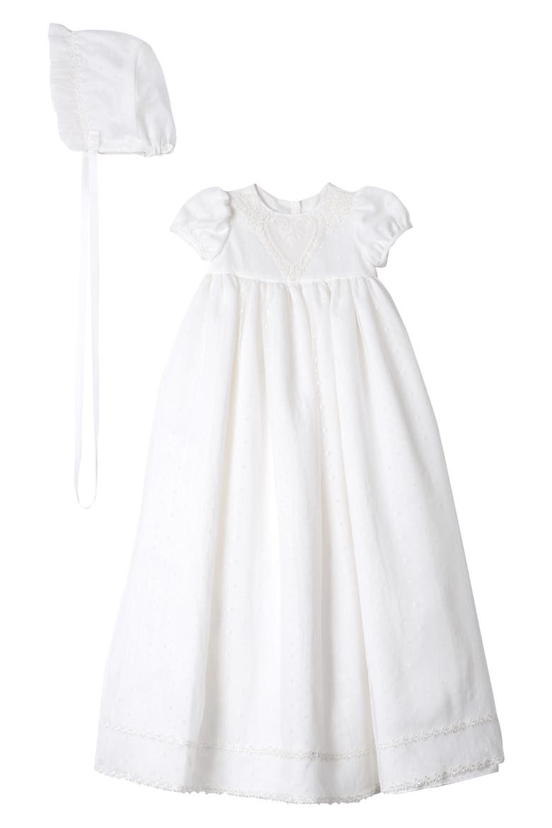 Point Desprit Embroidered Heart Christening Gown & Bonnet, Main, color, WHITE