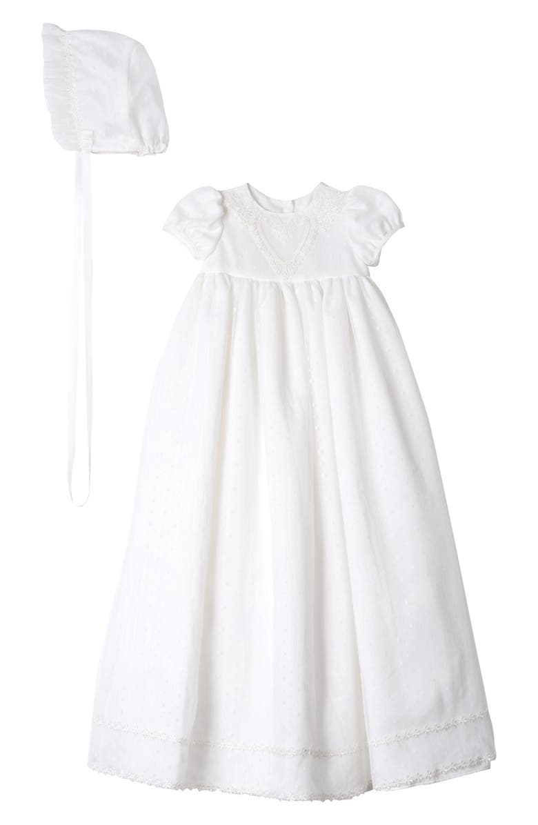 Pippa & Julie Point Desprit Embroidered Heart Christening Gown & Bonnet, Main, color, 