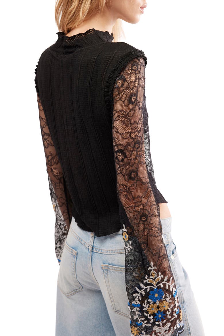 Don't Blame Me Sheer Lace Sleeve Rib Top, Alternate, color, BLACK COMBO