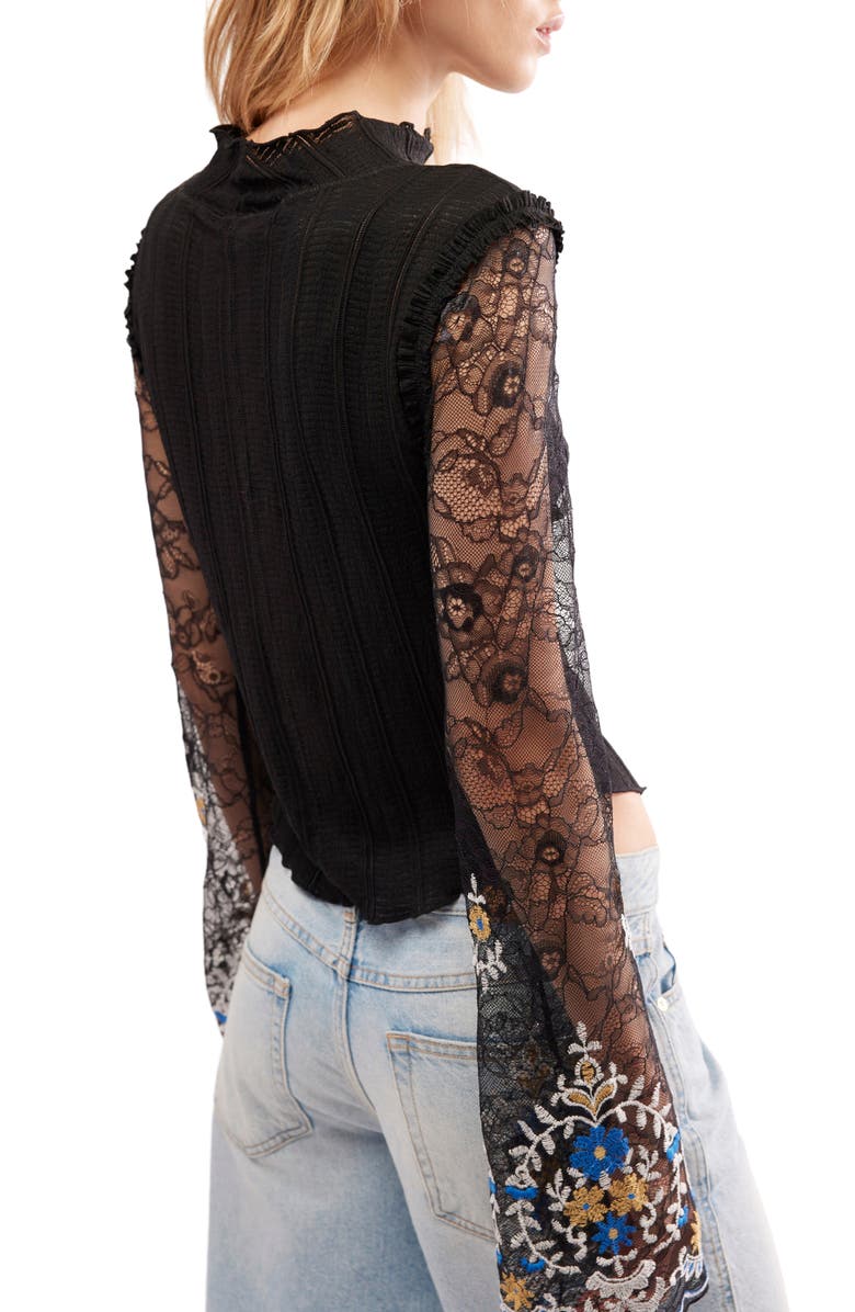 Free People Don't Blame Me Sheer Lace Sleeve Rib Top, Alternate, color, Black Combo