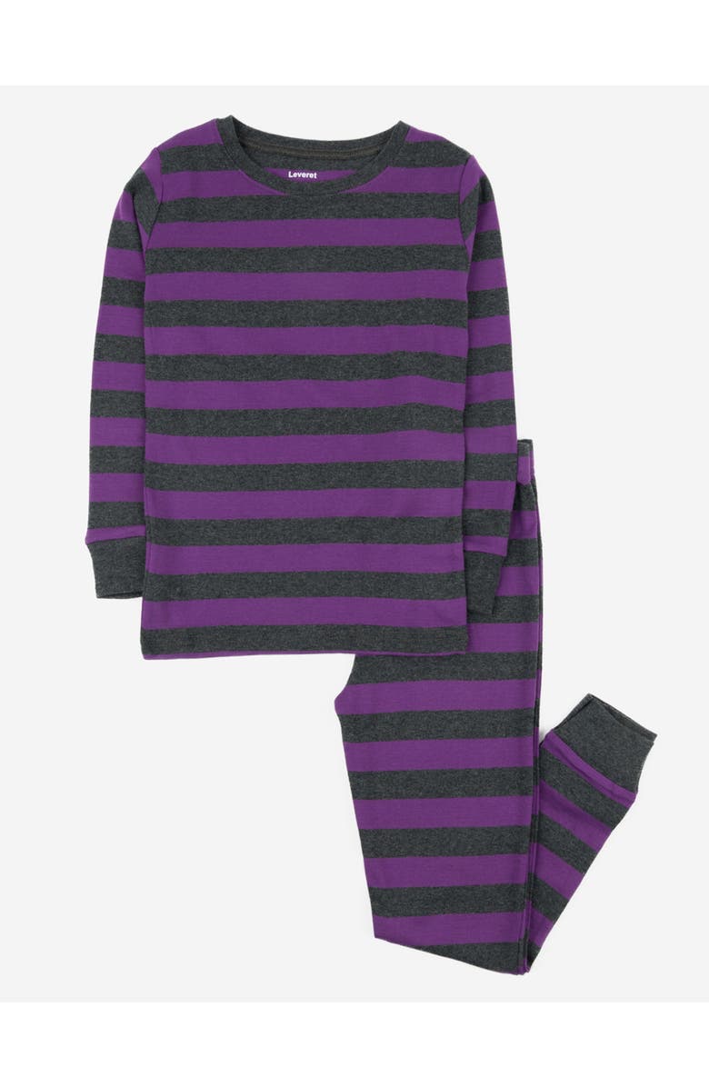Leveret Kids Two-Piece Striped Cotton Matching Family Pajamas, Main, color, Purple & Dark Gray
