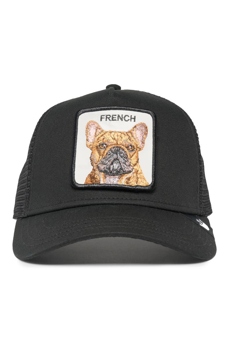 The French Frenchie Dog Patch Snapback Trucker Hat, Alternate, color, BLACK