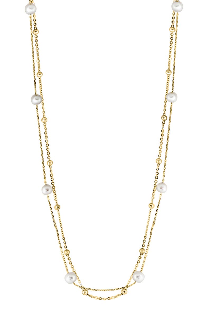 14k Gold Plated Sterling Silver 6mm Freshwater Pearl Station Layered Necklace, Main, color, YELLOW GOLD