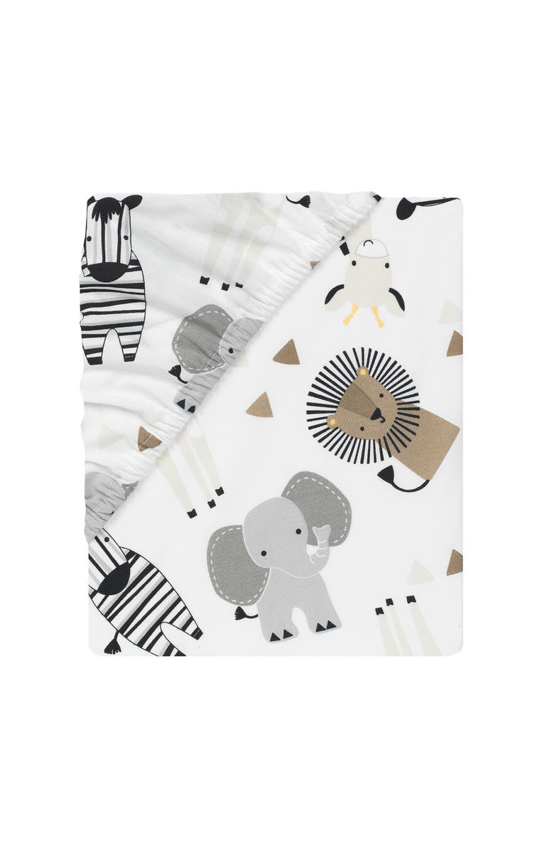 Lambs & Ivy Jungle Safari 100% Cotton Elephant/Lion Fitted Crib Sheet, Alternate, color, White Multi