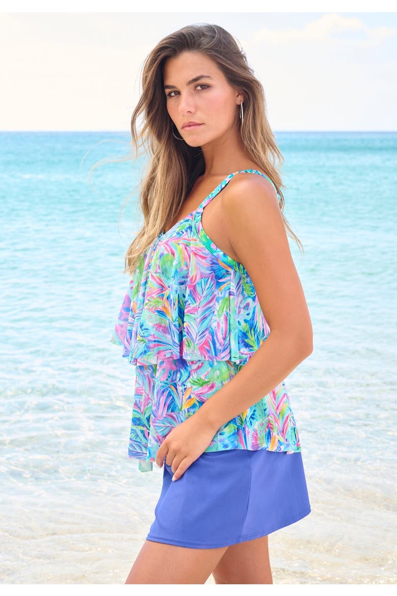 Mesh Double Tier Tankini Top, Alternate, color, RAINBOW TIE DYE PALM
