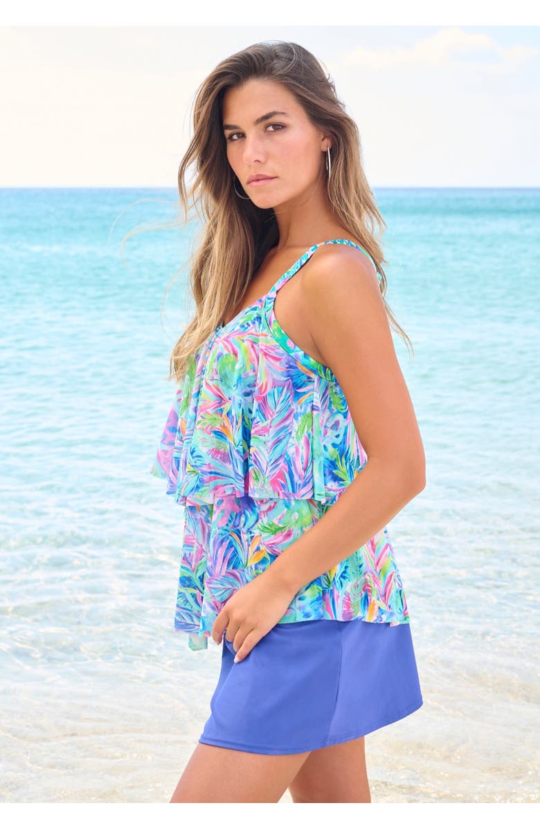 Swim 365 Mesh Double-Tier Tankini Top, Alternate, color, Rainbow Tie Dye Palm