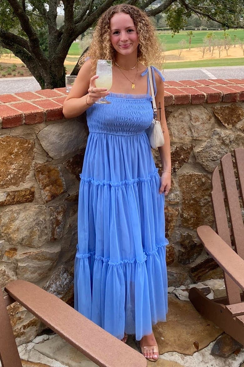Smocked Mesh Midi Dress, Alternate, color, Light Blue