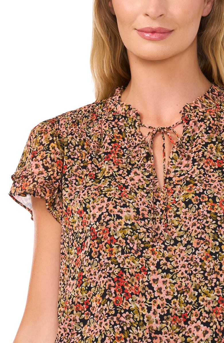 CeCe Print Ruffle Sleeve Tie Neck Top, Alternate, color,