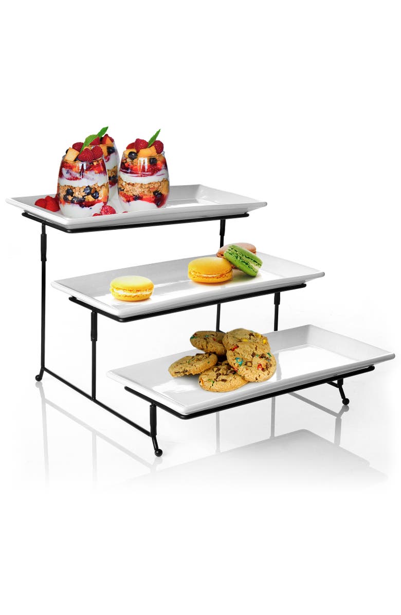Gibson Elite Gracious Dining 3-Tie Plate Set with Metal Stand, Alternate, color, White