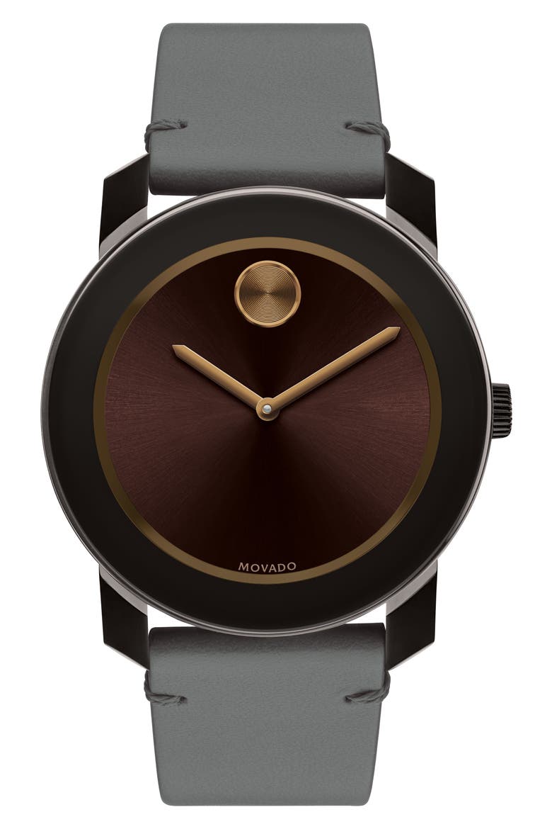 'Bold' Leather Strap Watch, 42mm, Main, color, GREY/ BLACK/ BRONZE