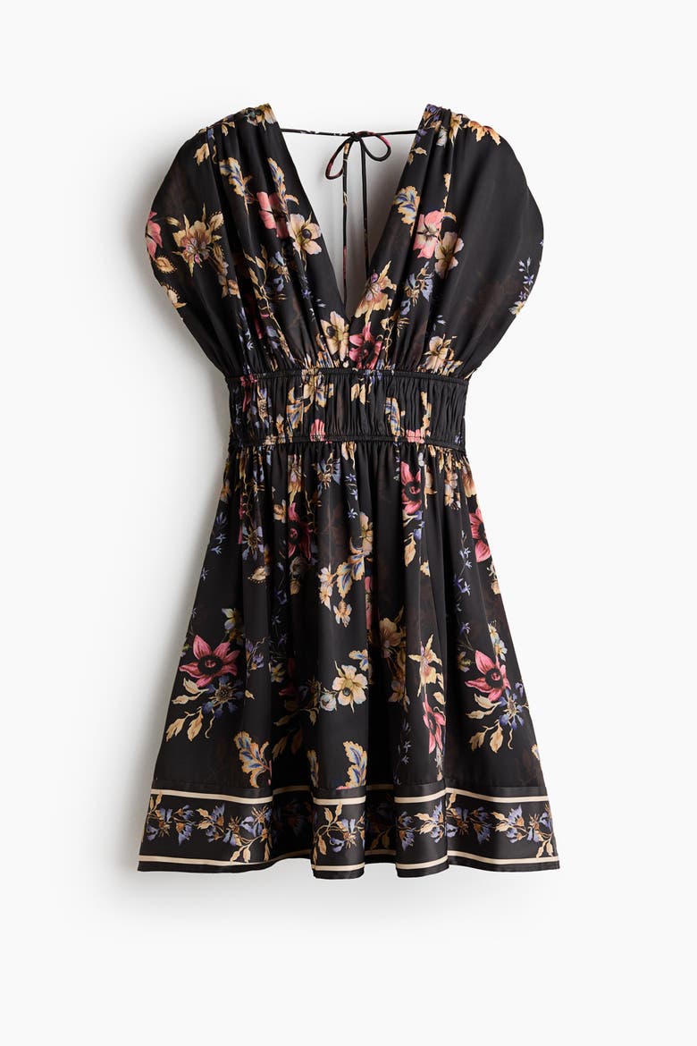 Draped Tie-detail Dress, Alternate, color, Black/floral