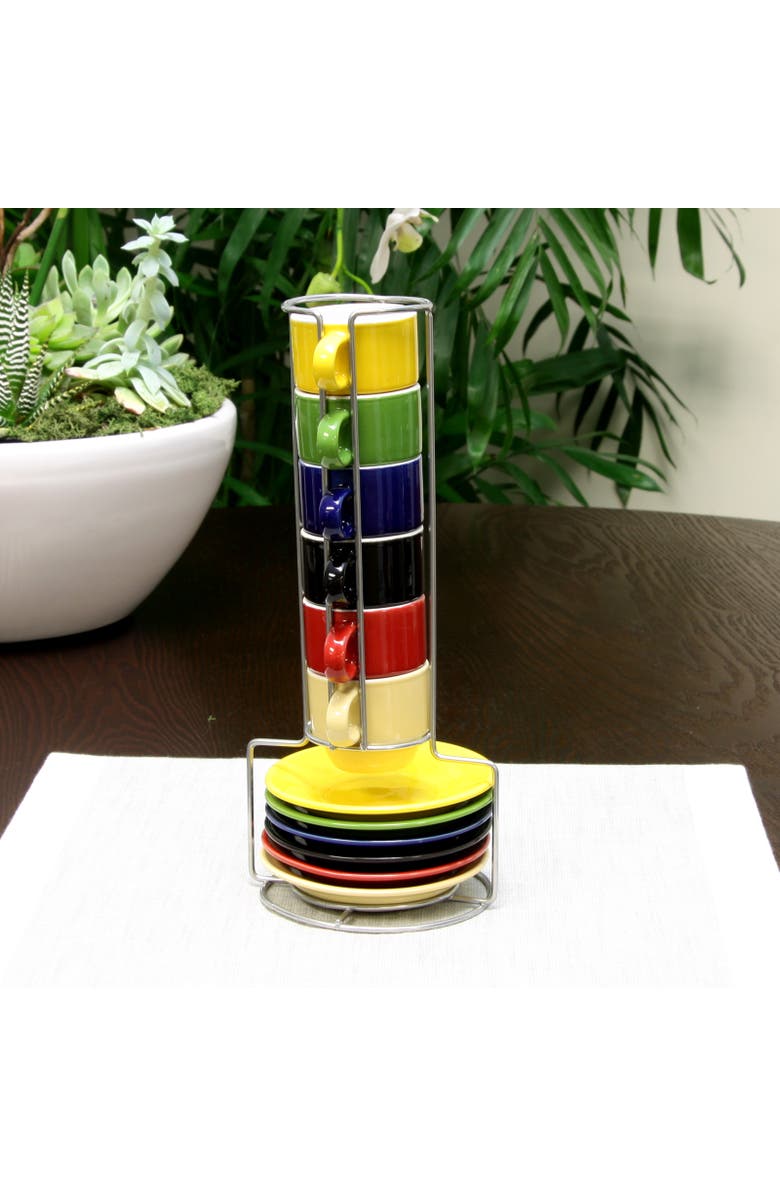 Gibson Sensations 13 Piece Stackable Non-Toxic Ceramic Small Espresso Cup Set with Saucers and Metal Wire Rack, Alternate, color, Black