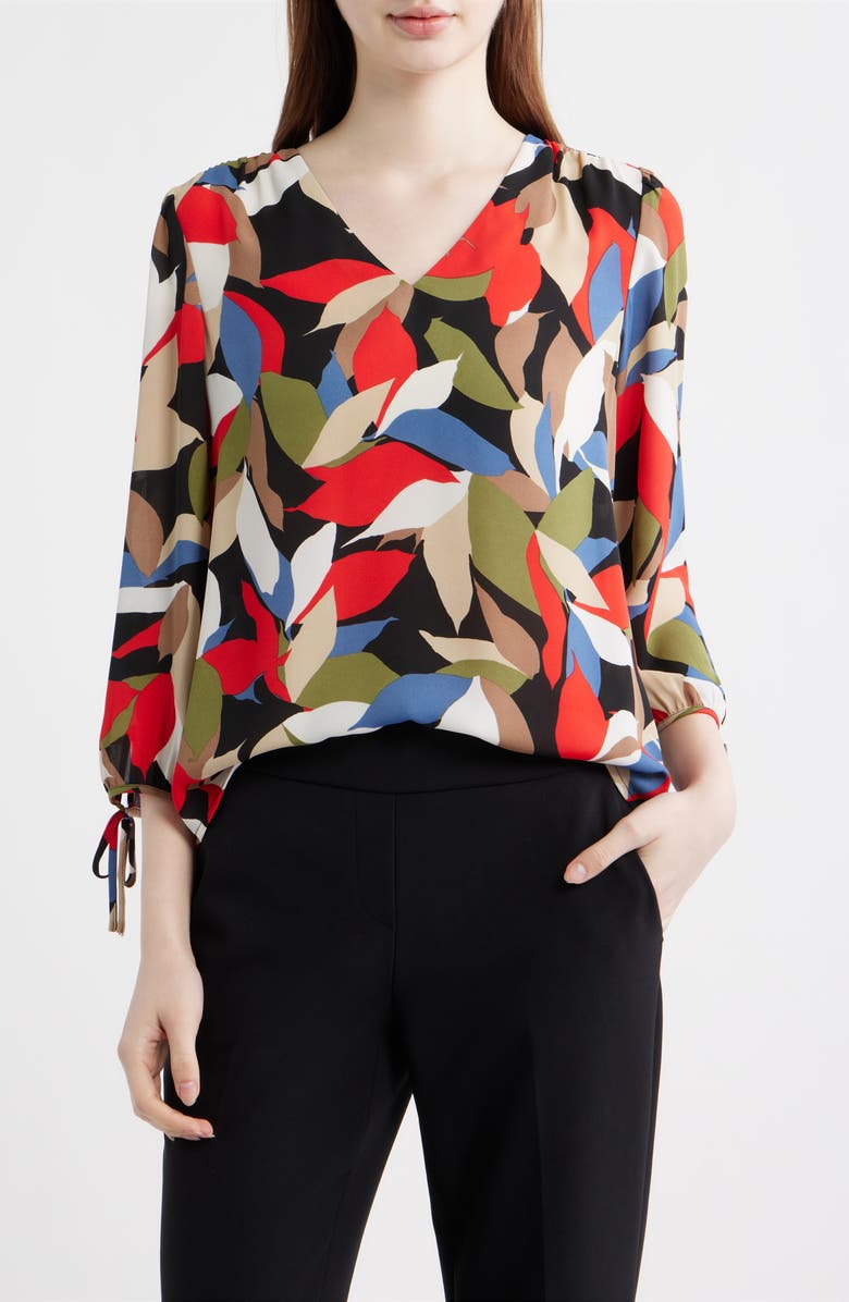 AK ANNE KLEIN V-Neck Woven Shirt, Main, color, Begonia Red Multi