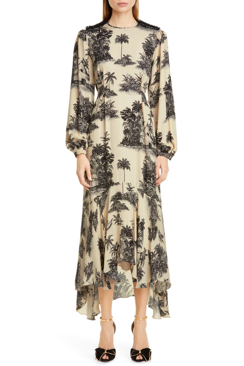Toile Palm Print Long Sleeve Maxi Dress, Main, color, BLACK/ ECRU