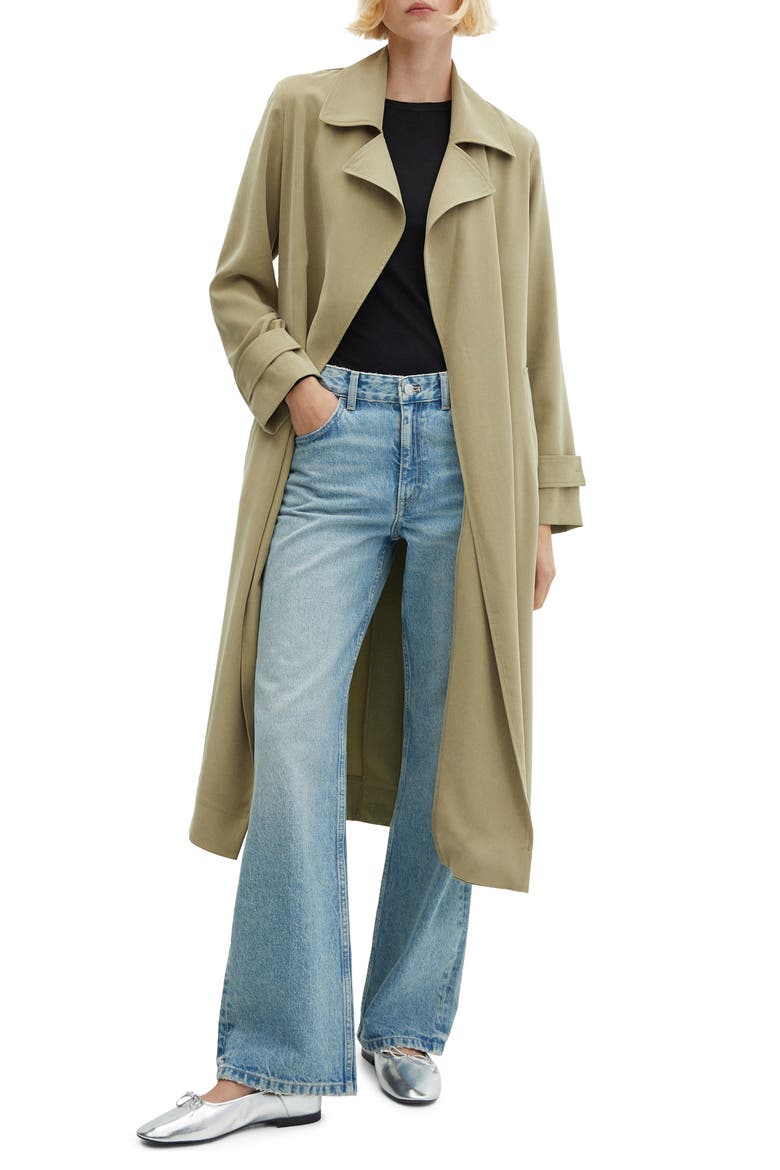 Water Repellent Flowy Lapel Trench Coat, Main, color, KHAKI GREEN