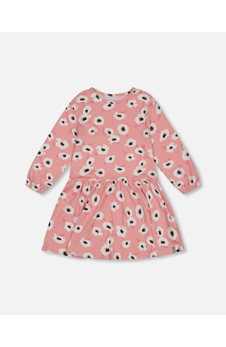 Deux par Deux Girl's Printed Long Sleeve Dress Pink With White Flowers, Main, color, 