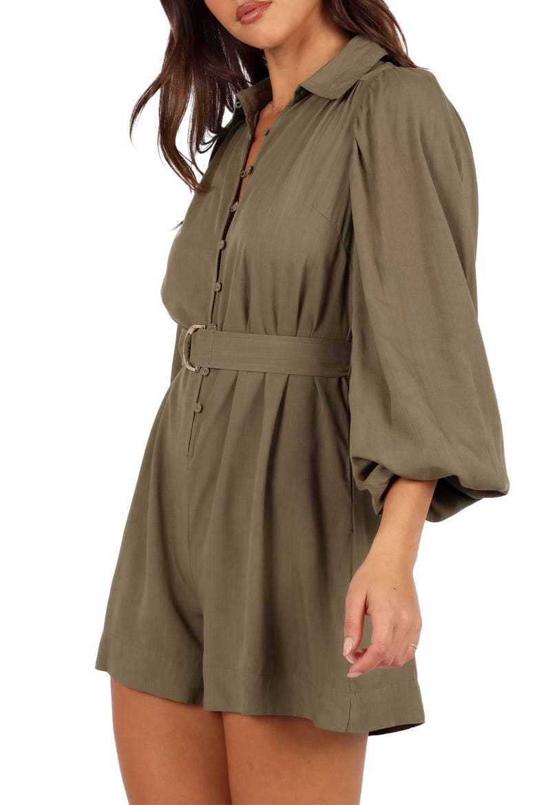 Louise Belted Button Front Three-Quarter Sleeve Romper, Alternate, color, KHAKI
