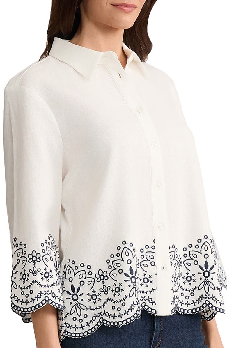 Jones New York Embroidered Linen Blend Shirt, Alternate, color, Natural White/ Pacific Navy