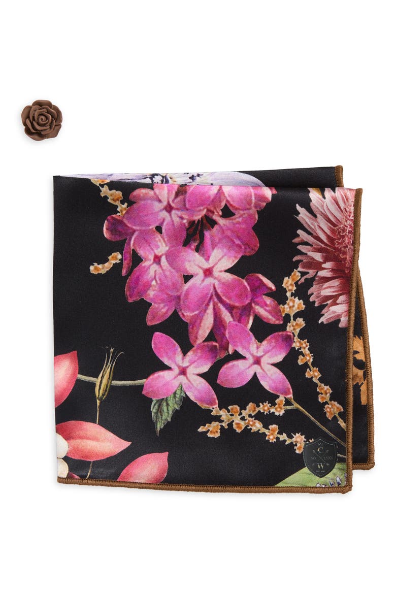 Brown & Fucshia Floral Silk Pocket Square, Main, color, BROWN