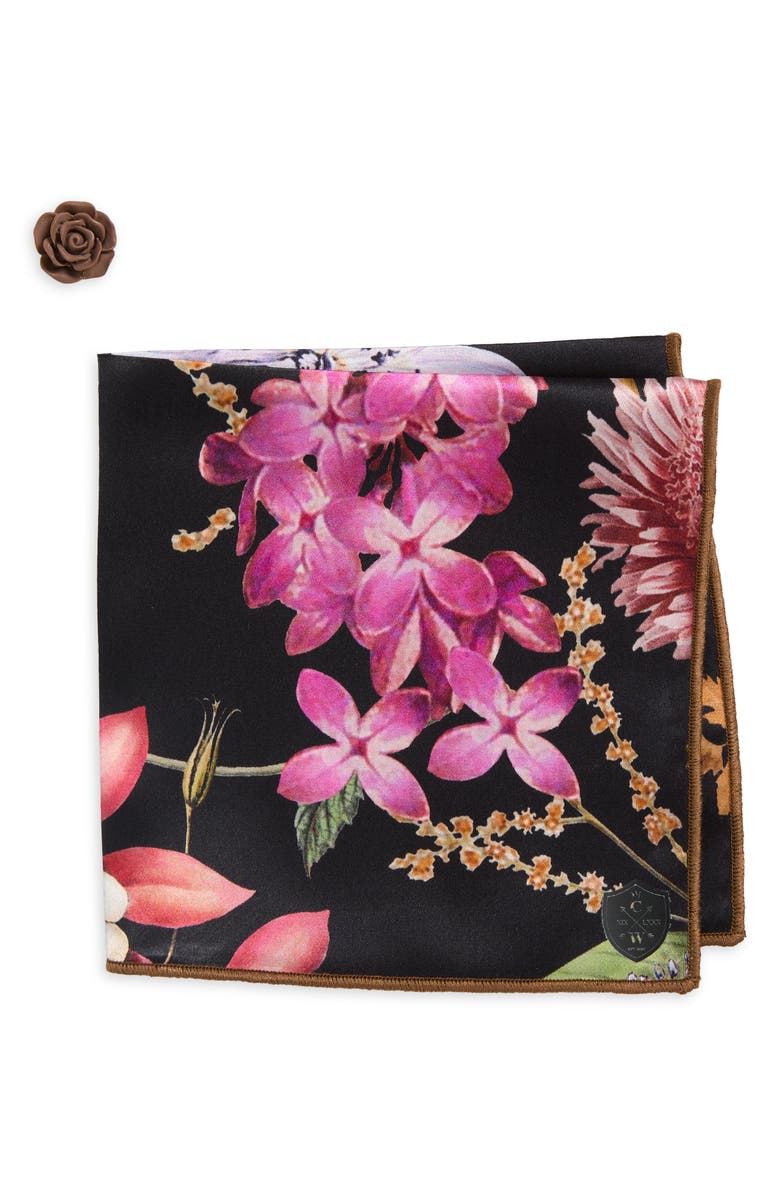 CLIFTON WILSON Brown & Fucshia Floral Silk Pocket Square, Main, color, Brown