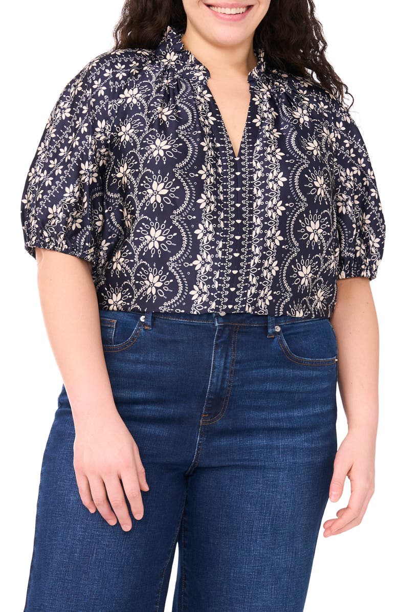 CeCe Ruffle Split Neck Short Sleeve Top, Main, color, Classic Navy