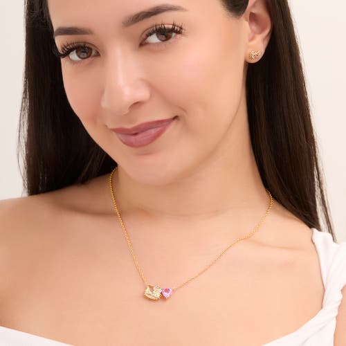 Hello Kitty Pink & White Sapphire Face With Heart Necklace, 18" In Gold