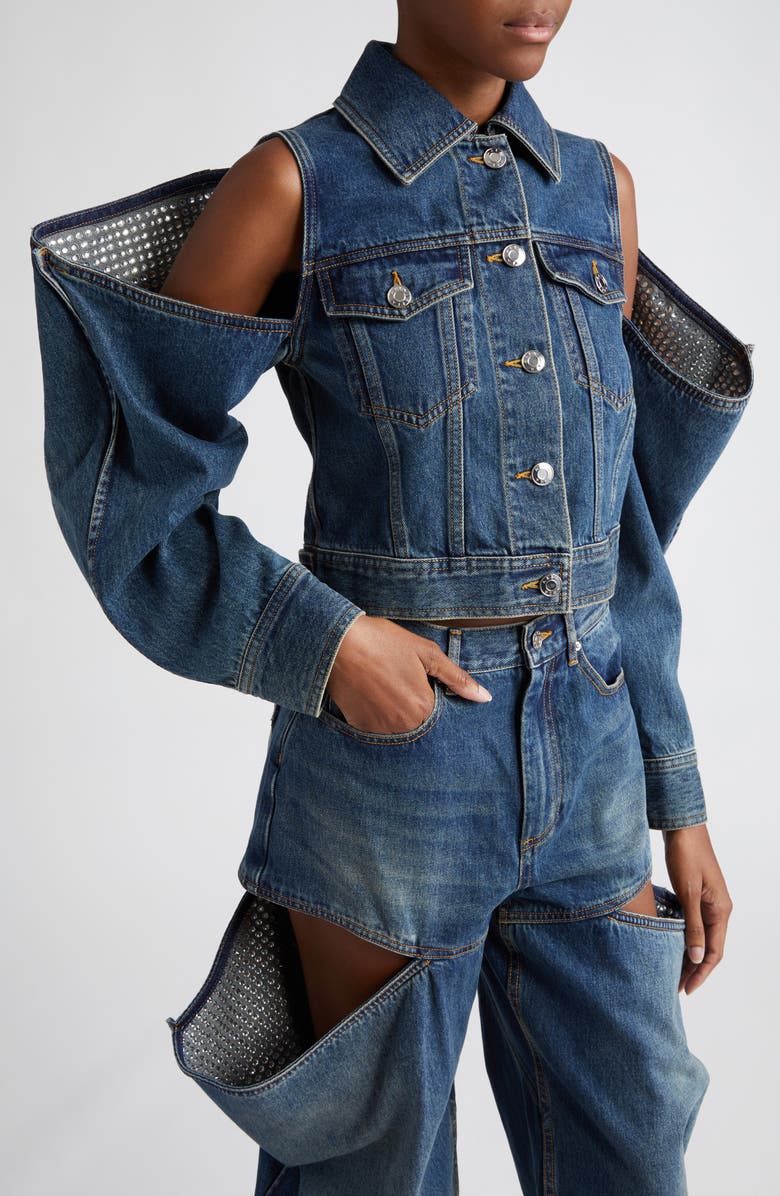 Area Crystal Cutout Sleeve Denim Jacket, Alternate, color, 
