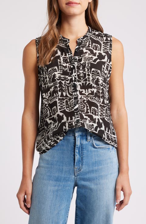 Print Chiffon Button-Up Sleeveless Top
