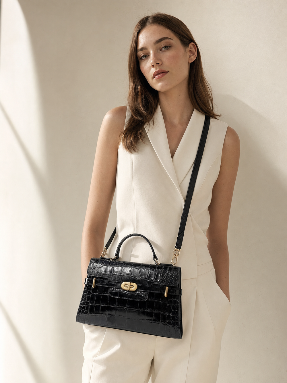 Kensington Croc Embossed Leather Top Handle Bag, Alternate, color, Black