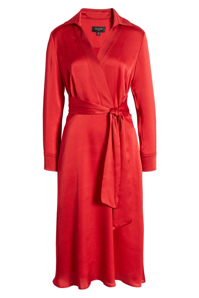 Long Sleeve Hammered Satin Faux Wrap Midi Shirtdress, Alternate, color, RUBY