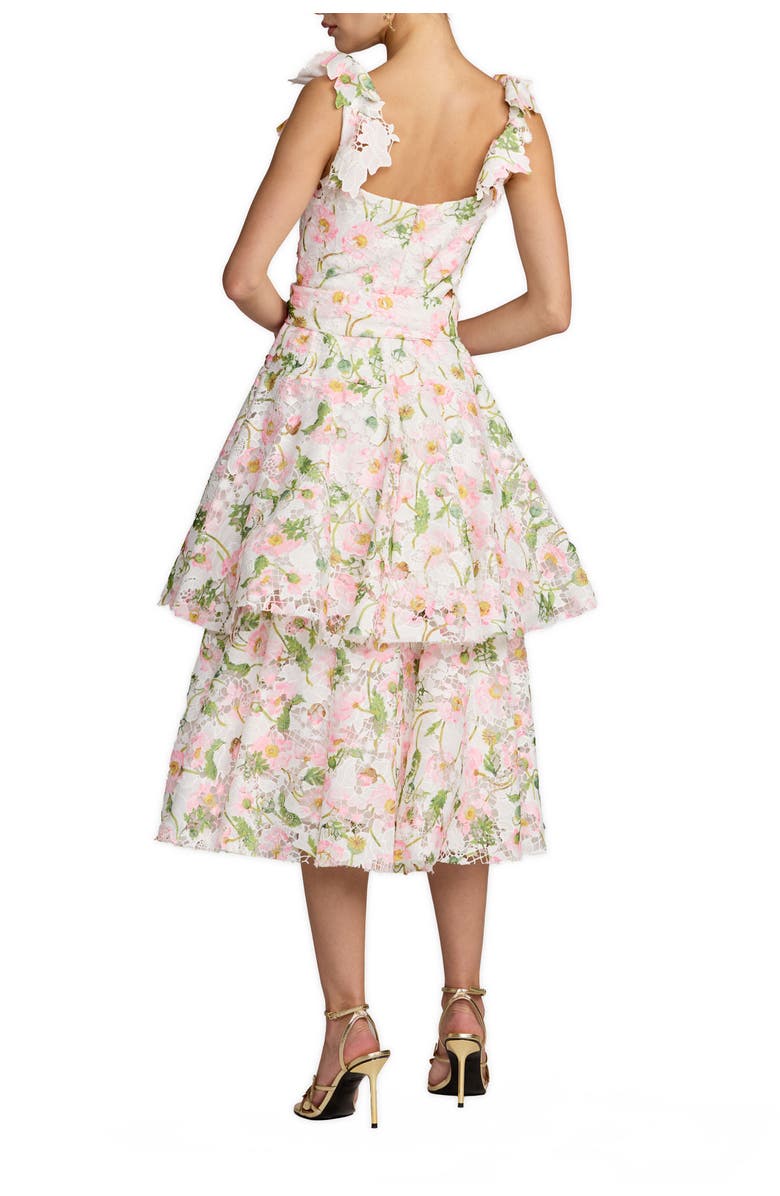 Mac Duggal Lace Tiered Ruffle Midi Dress With Belt, Alternate, color, White Multi