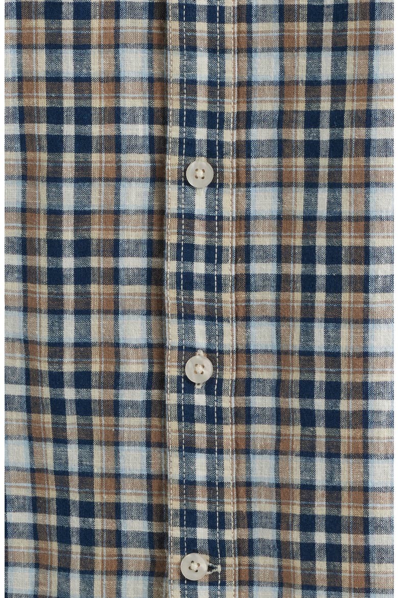 Funchal Regular Fit Plaid Short Sleeve Cotton & Linen Sport Shirt, Alternate, color, BLUE