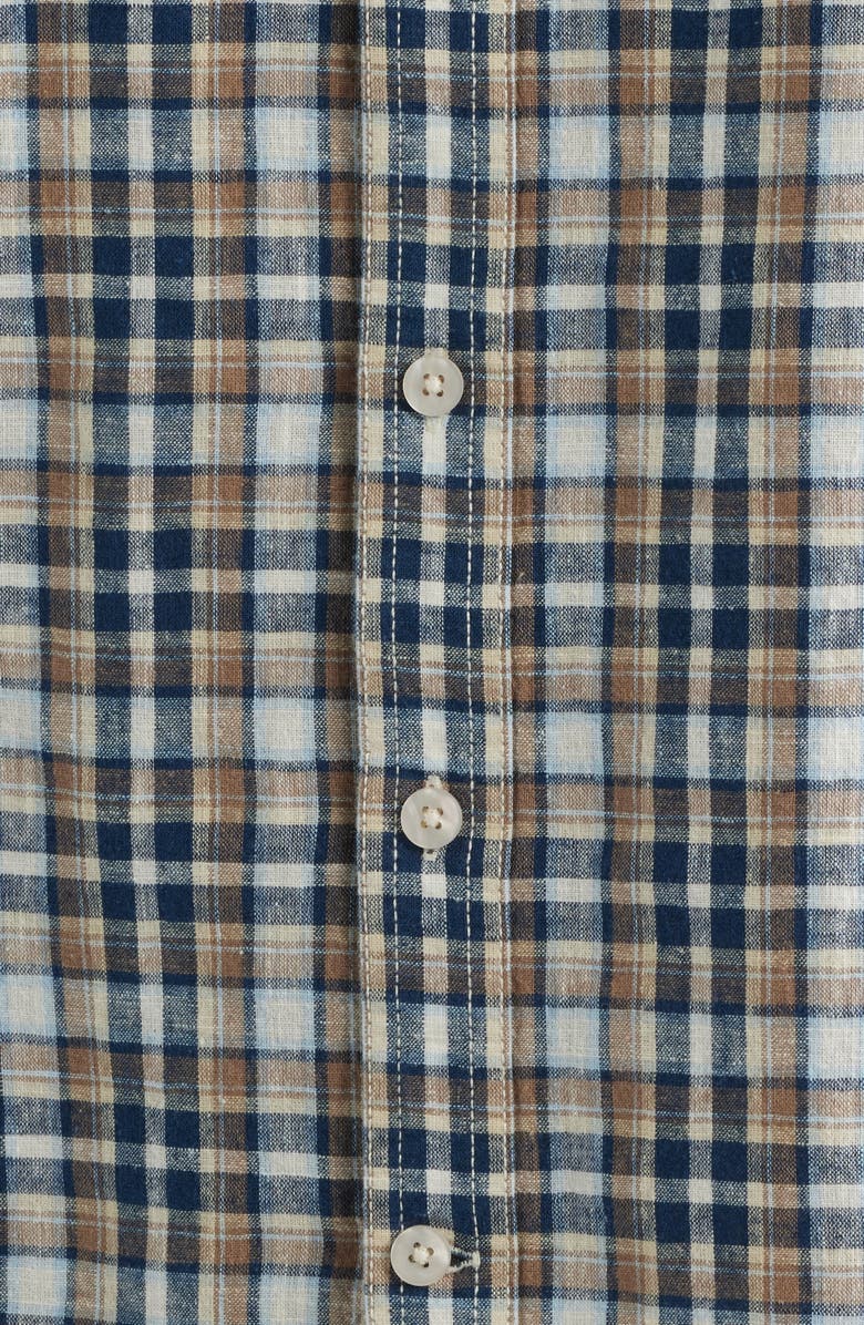 James Campbell Funchal Regular Fit Plaid Short Sleeve Cotton & Linen Sport Shirt, Alternate, color, Blue