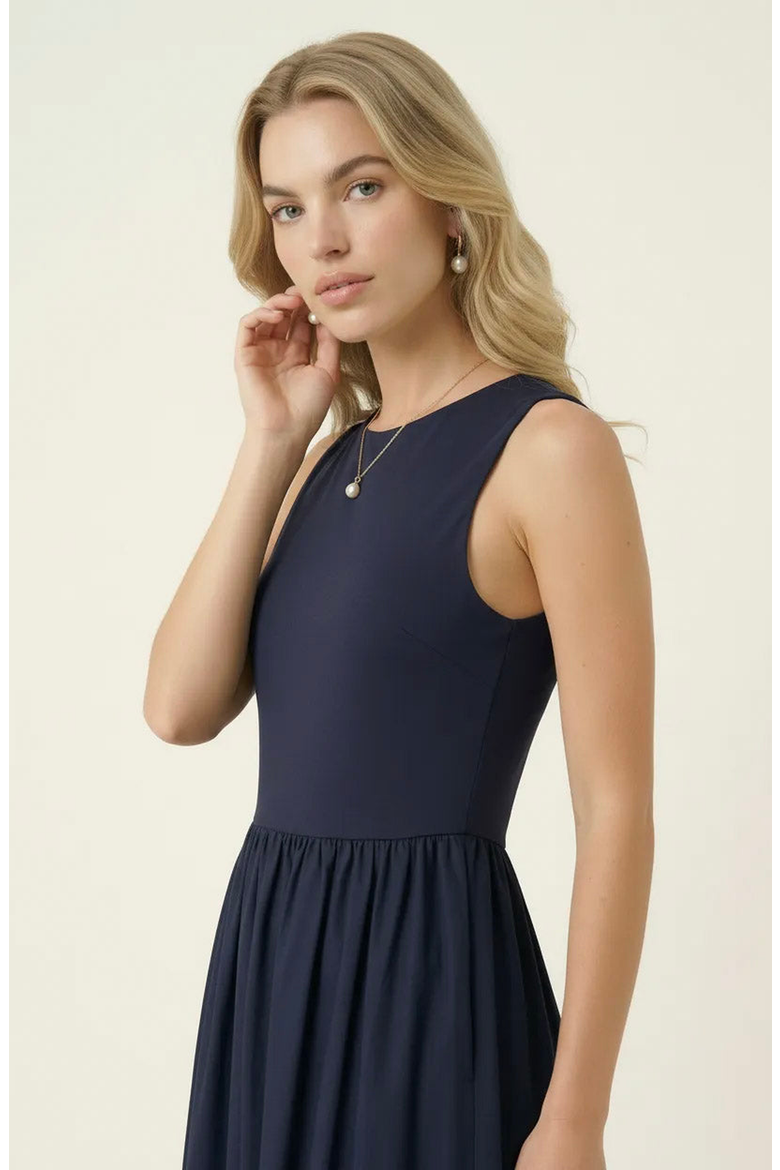 Sleeveless Crewneck Midi Dress with Gathered Waist and Pockets, Alternate, color, Navy Blue