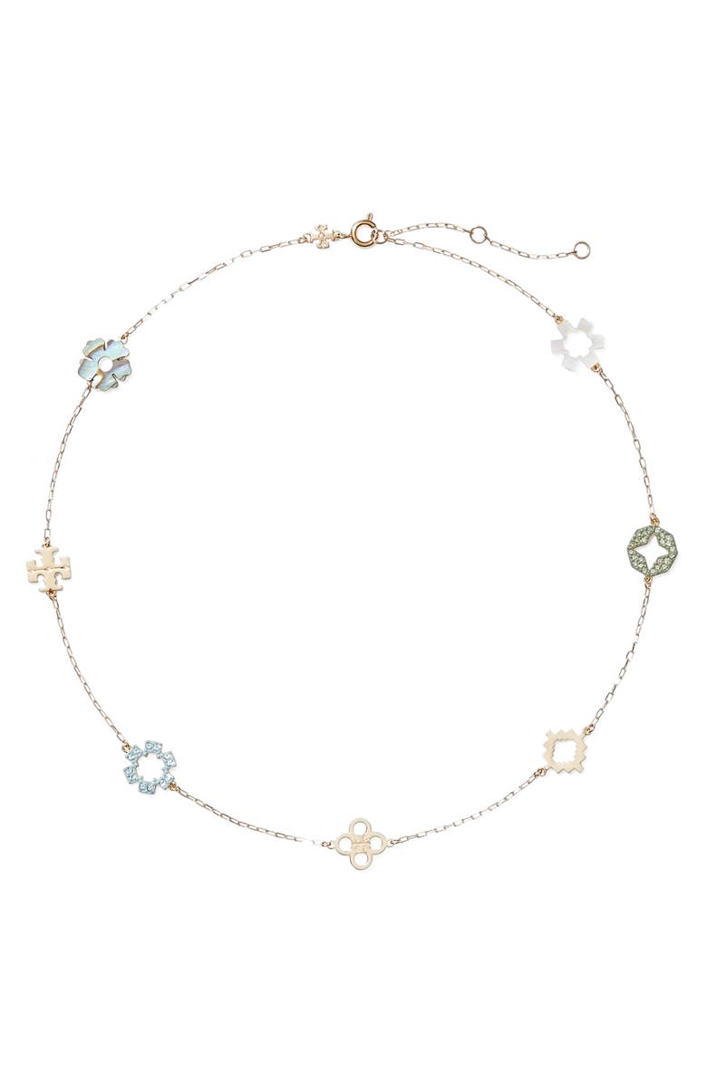 Tory Burch Forget Me Not Mother-of-Pearl & Pavé Necklace, Main, color, Tory Gold / Multi