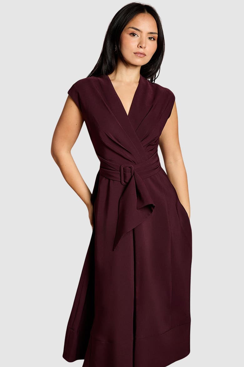 Petite Belted Crepe Dress, Alternate, color, Chocolate