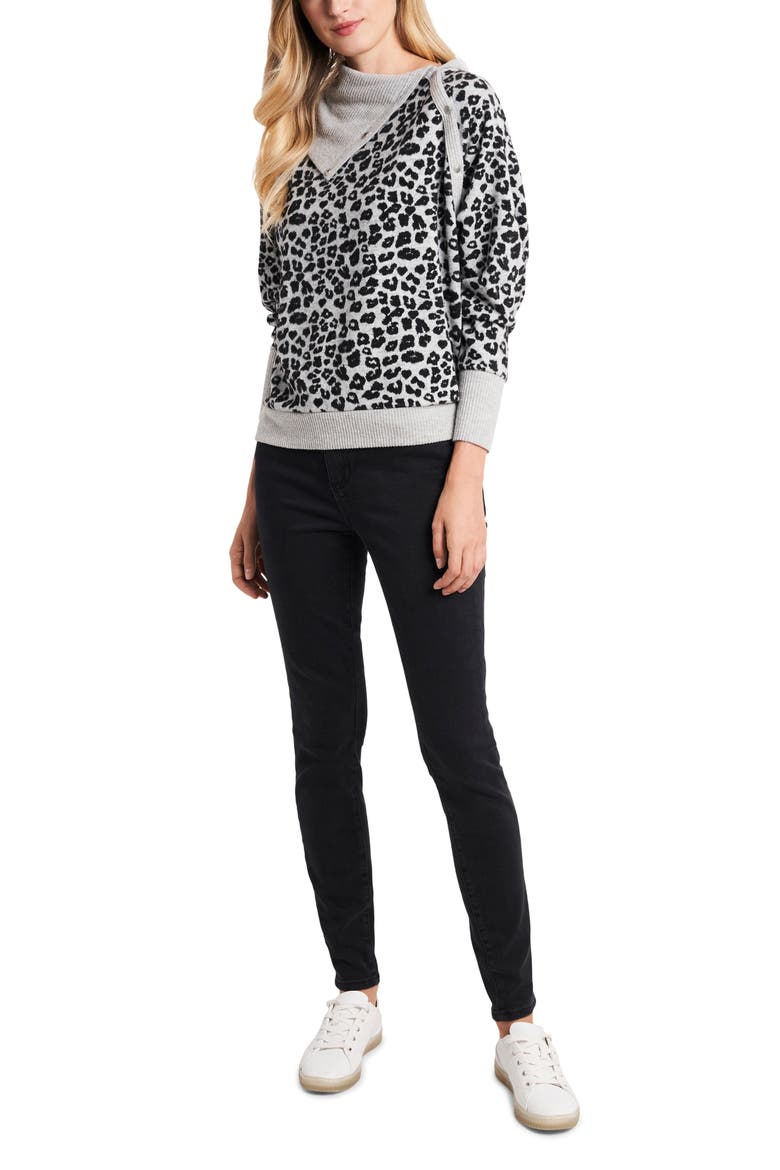 Leopard Jacquard Foldover Neck Brushed Top, Alternate, color, SILVER HTHR