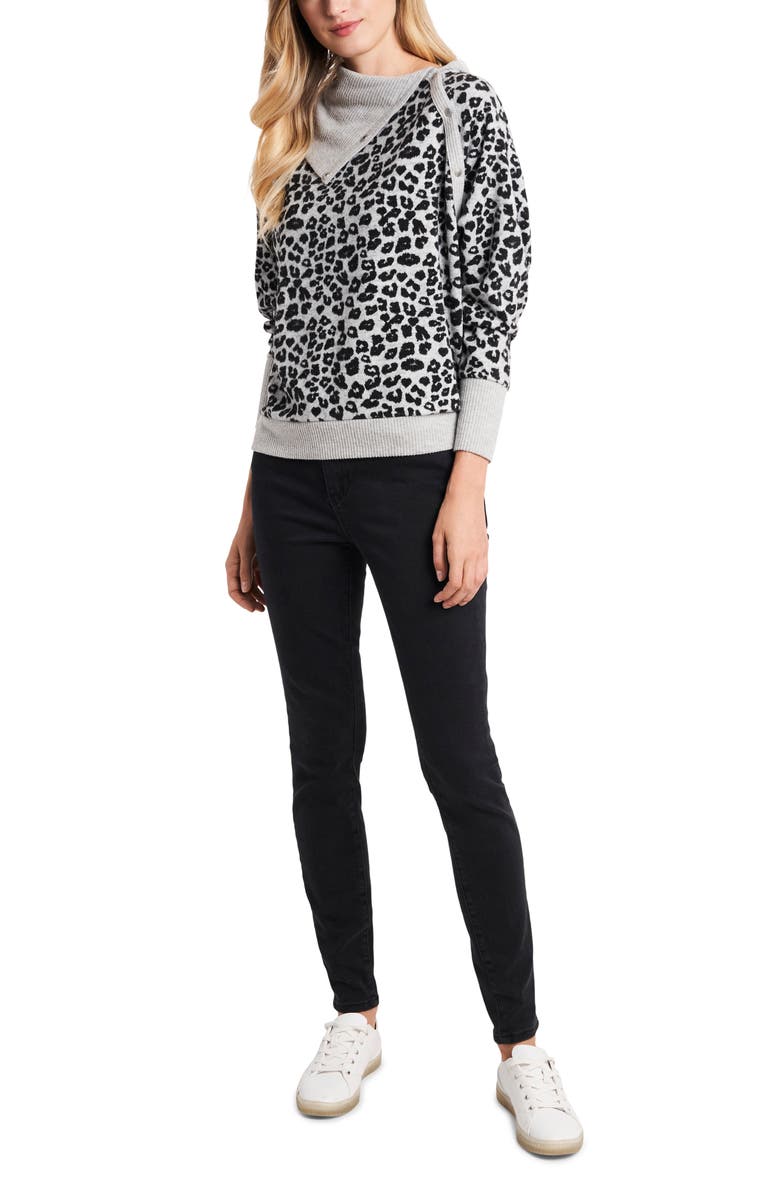 Vince Camuto Leopard Jacquard Foldover Neck Brushed Top, Alternate, color,