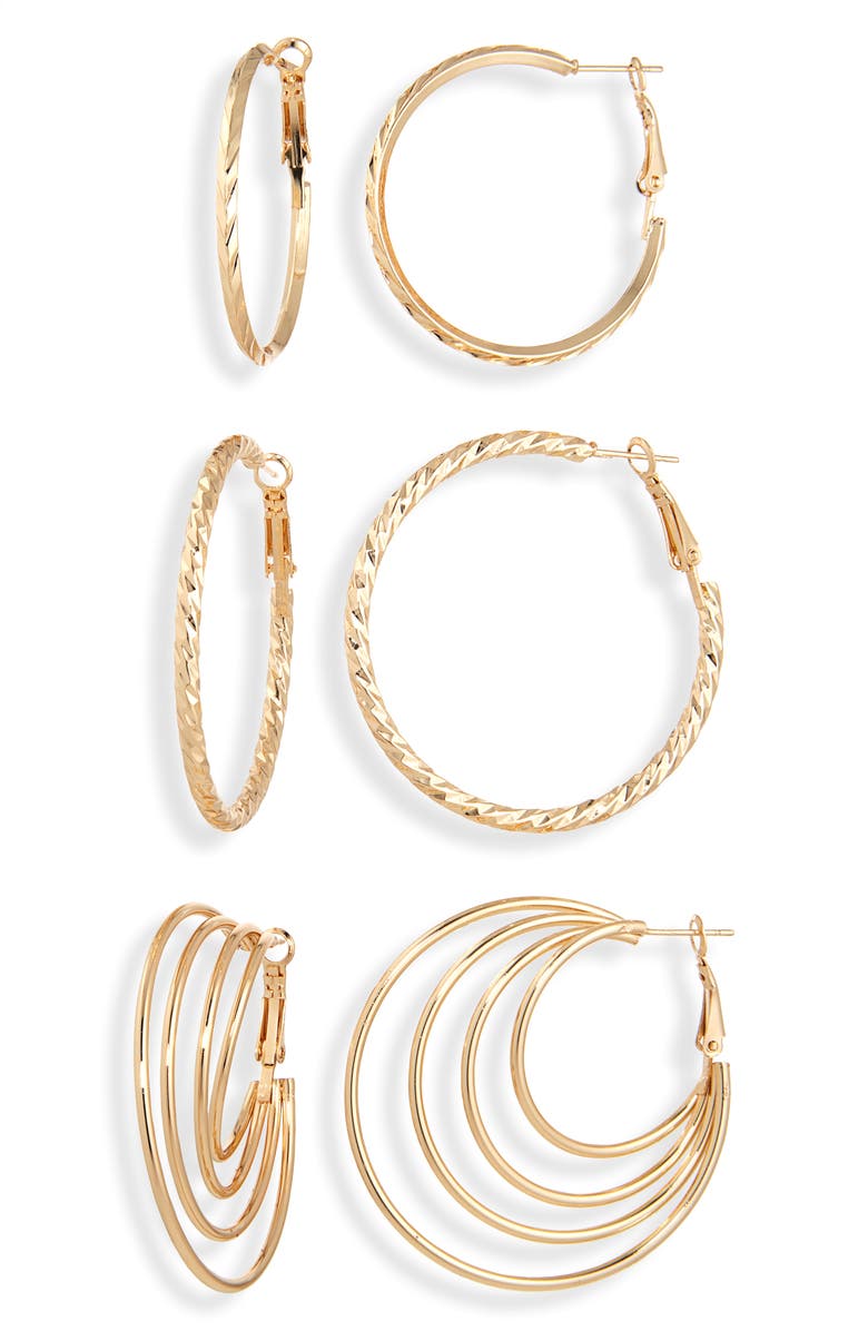 Tasha Set of 3 Hoop Earrings, Main, color, Gold