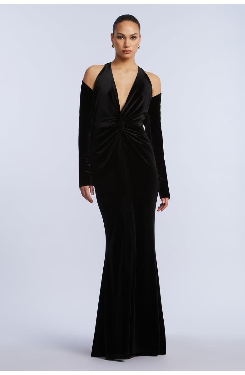 BCBGMAXAZRIA Long Sleeve Halter Velvet Gown, Main, color, Black