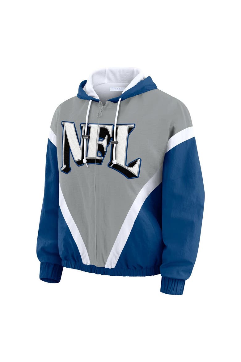 Women's WEAR by Erin Andrews Silver/Blue Shield Merchandise Retro Crinkle Full-Zip Hoodie Windbreaker, Alternate, color, Silver