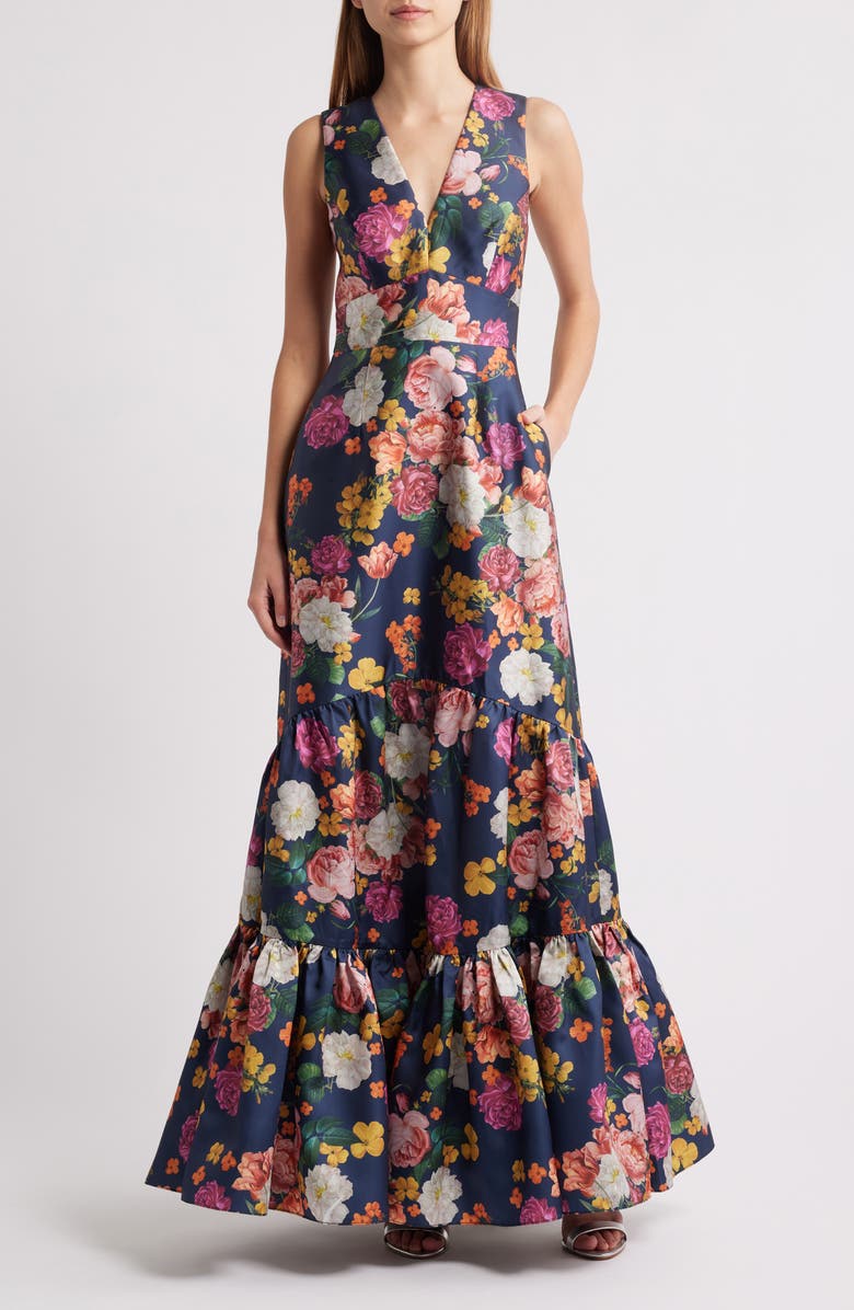 Sachin & Babi Rori Floral Sleeveless Mikado Gown, Main, color, Midniight Magic Blooms