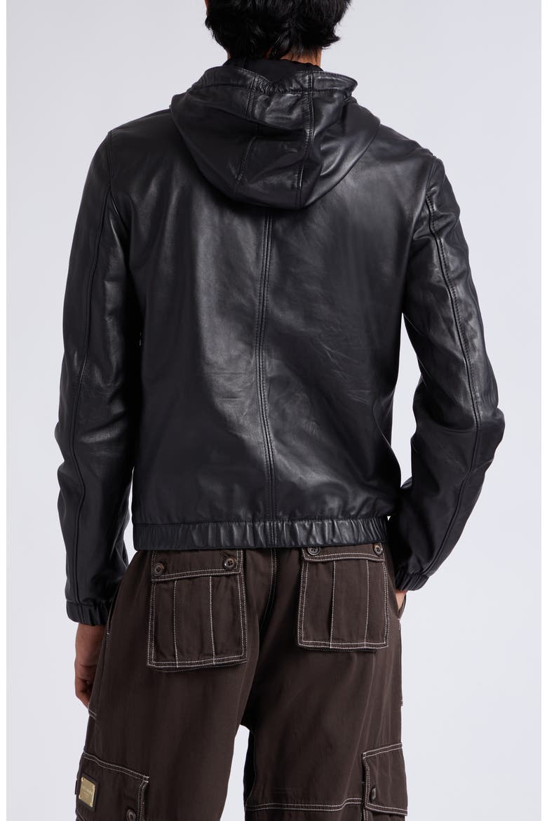 Logo Plaque Leather Hooded Blouson Jacket, Alternate, color, BLACK