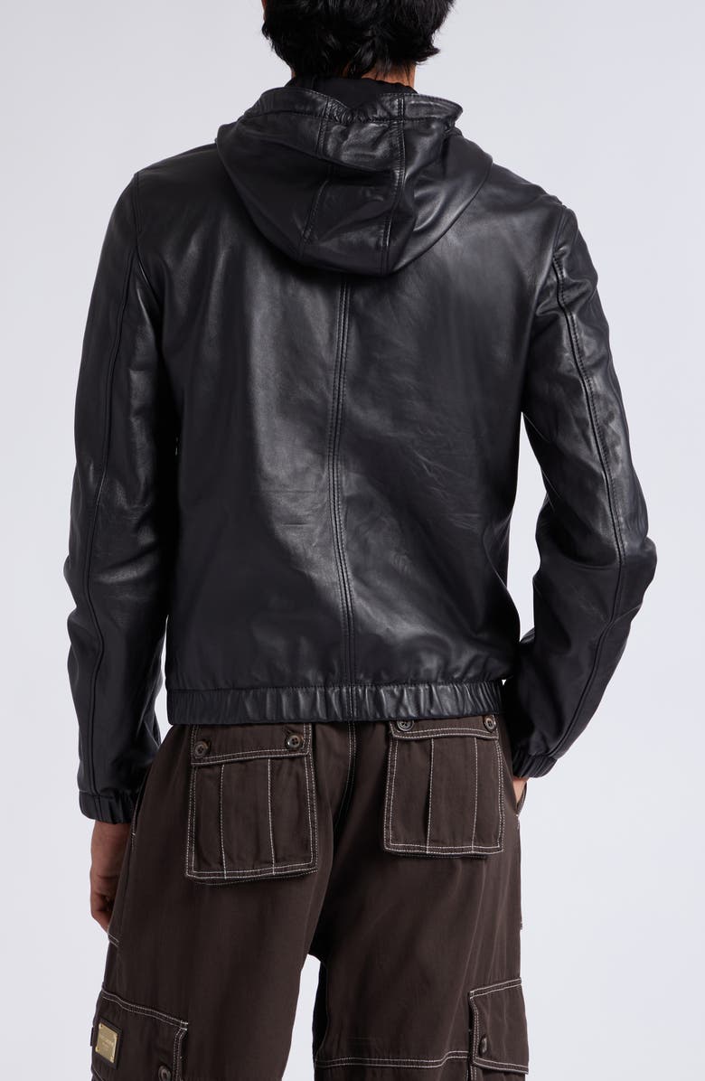Dolce&Gabbana Logo Plaque Leather Hooded Blouson Jacket, Alternate, color, Black