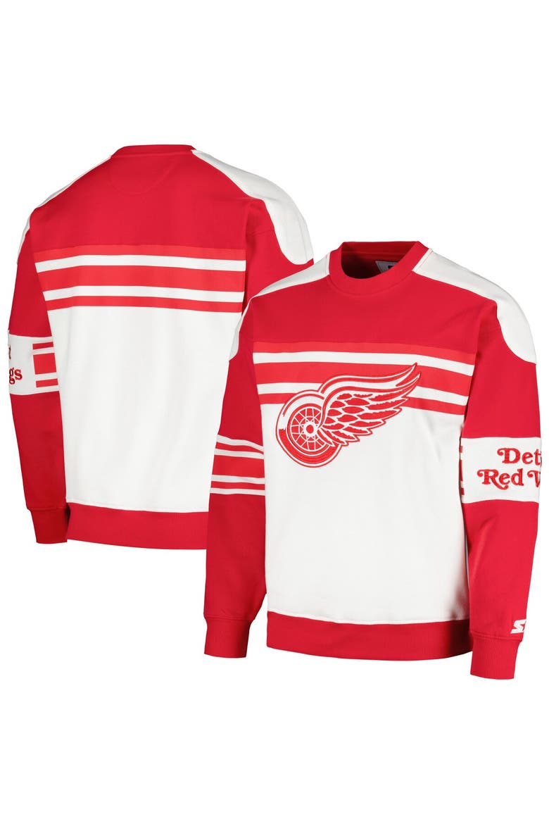 Men's Starter White Detroit Red Wings Defense Fleece Crewneck Pullover Sweatshirt, Alternate, color, White
