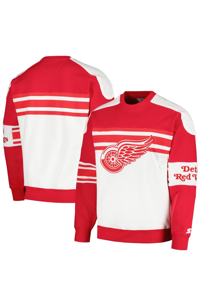 STARTER Men's Starter White Detroit Red Wings Defense Fleece Crewneck Pullover Sweatshirt, Alternate, color, White