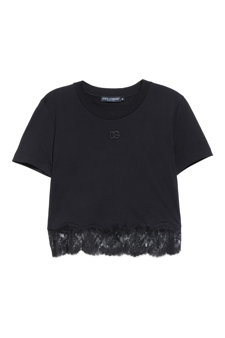 Logo Embroidered Lace Trim T-Shirt, Main, color, NERO