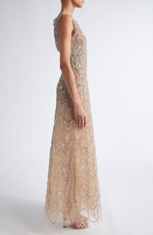 Oscar De La Renta Crystal Wave Embroidered Sleeveless Gown In Multi