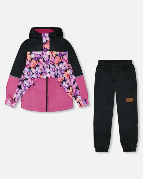Deux Par Deux Girl's Two-piece Mid-season Outerwear Set Black With Pink And Orange Flowers In Black Pink And Orange Flowers